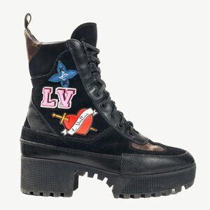 Louis Vuitton Laureate Black Suede & Monogram Canvas Patch-Applique Boots